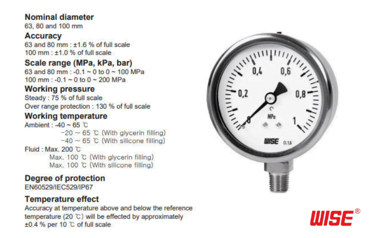 Các thông số kỹ thuật đồng hồ áp suất Wise P255